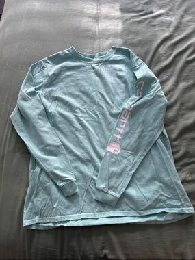 Carhartt Long-Sleeve Tee in Light Aqua with Pink Logo